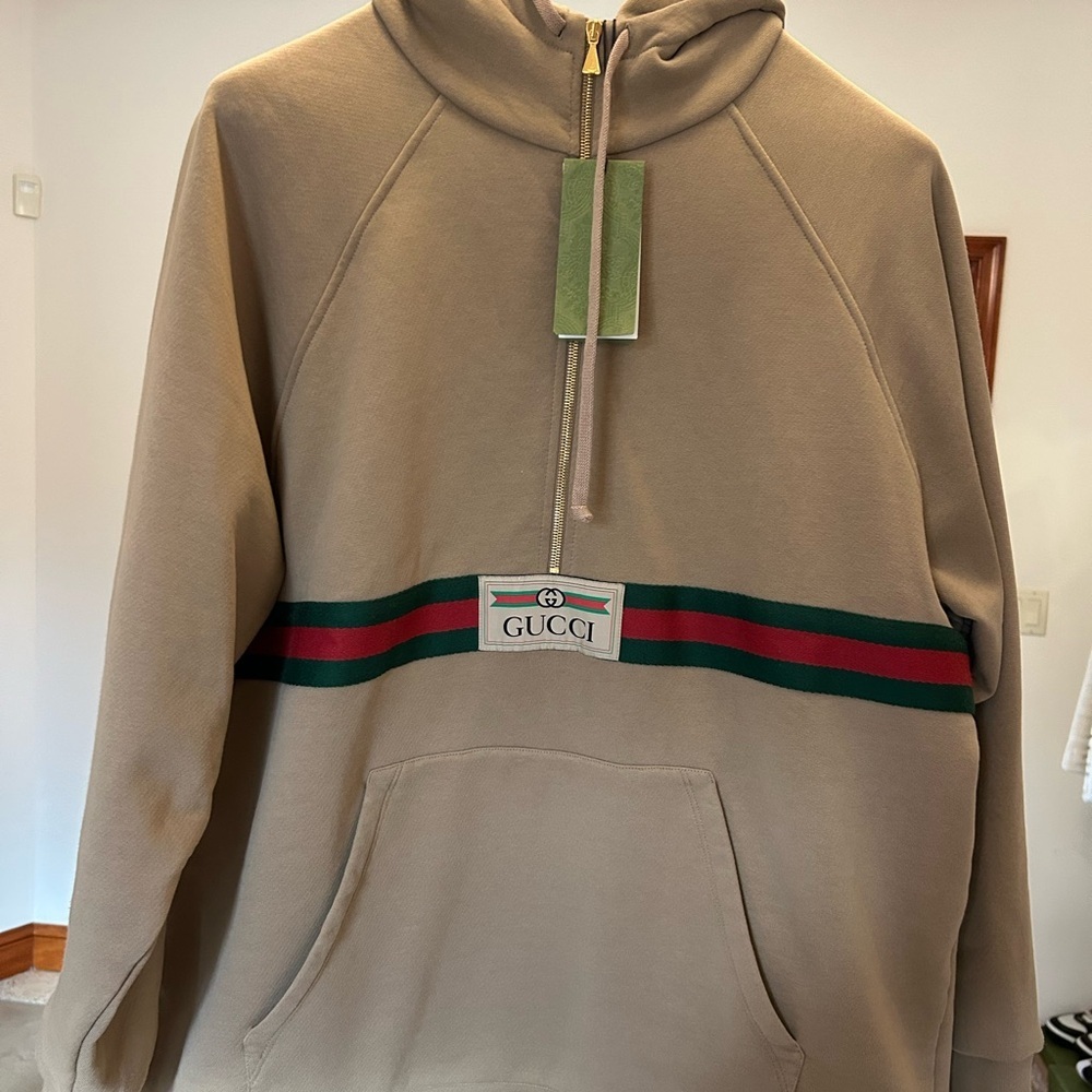 Men's Gucci web striped half zip cotton hoodie size XXL made in Italy NWT - Picture 3 of 10